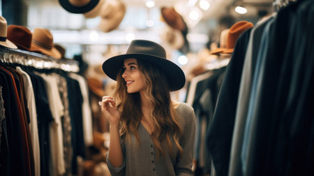 Cheerful pretty young woman buyer choosing clothes from rack in clothing store, blurred background. Cute female shopaholic select and buying clothes in fashion boutique during sale.の素材