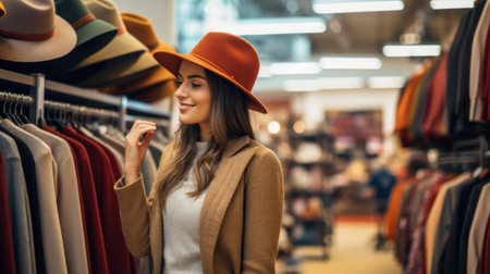 Cheerful pretty young woman buyer choosing clothes from rack in clothing store, blurred background. Cute female shopaholic select and buying clothes in fashion boutique during sale.の素材