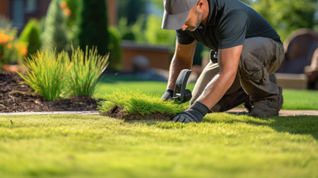 Professional Landscaper Lay Natural Grass Turfs. Natural Grass Installation. Gardening Industry Theme.の素材