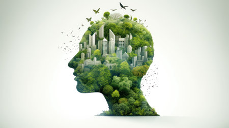 Sustainble green face. Eco-friendly. Sustainable glass office building with tree for reducing carbon dioxide. Office with green environment. Corporate building reduce CO2. Safety glass.の素材