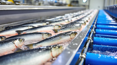 fish conveyor, fish processing plant.の素材