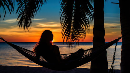 silhouette of hammock at sunset on the beachの素材