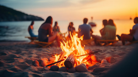 a group of happy young friends relaxing and enjoying summer evening around campfire on the river bankの素材