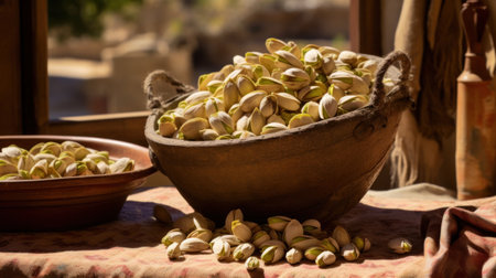 Raw organic pistachio nuts in the bowl on dark backgroundの素材