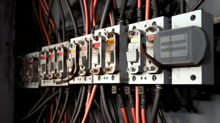 Voltage switchboard with circuit breakers. Electrical backgroundの素材