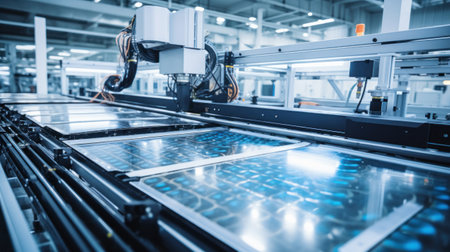 Lithium-ion High-voltage Battery Component for Electric Vehicle or Hybrid Car. Battery Module for Automotive Industry on Production Line. High Capacity Battery on Conveyorの素材