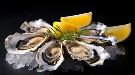 Oysters close-up. A dozen of raw oysters on a platterの素材