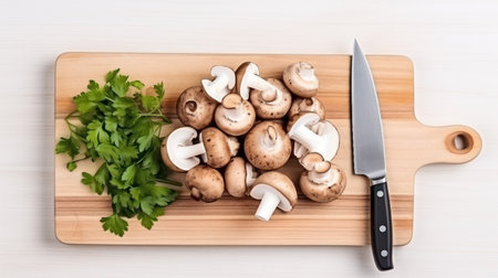Closeup of whole raw fresh champignon mushroom on a white wooden table. Mushrooms as vegetable protein, raw food diet, vegetarianismの素材