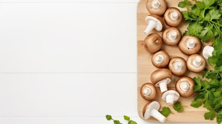 Closeup of whole raw fresh champignon mushroom on a white wooden table. Mushrooms as vegetable protein, raw food diet, vegetarianismの素材