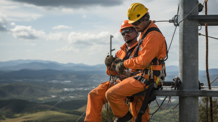 Electrician lineman repairman worker at climbing work on electric post power poleの素材