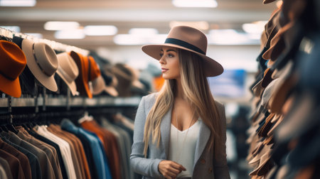 Cheerful pretty young woman buyer choosing clothes from rack in clothing store, blurred background. Cute female shopaholic select and buying clothes in fashion boutique during sale.の素材