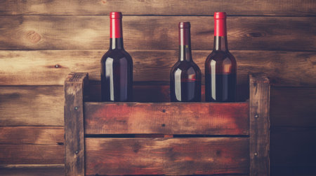 Vintage wooden box with vine bottlesの素材