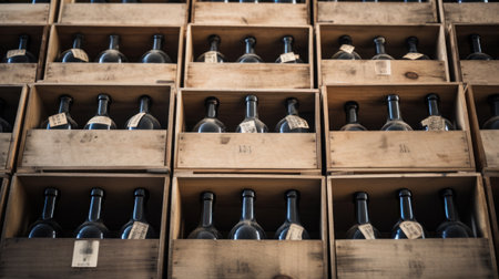 Old Red Wine bottles composition in wooden box. Old collection wine label templateの素材