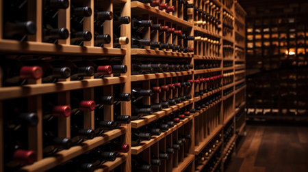 wine bottles in wooden rack in wine cellar.の素材