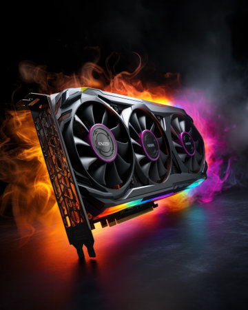 Computer graphic card, professional video card with two fans closeup