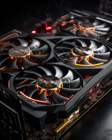 Computer graphic card, professional video card with two fans closeup