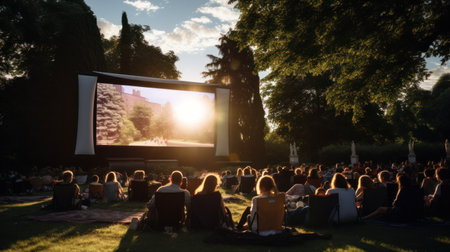 open air cinema with colorful bean bag. empty white screen, free space for textの素材
