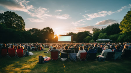 open air cinema with colorful bean bag. empty white screen, free space for textの素材