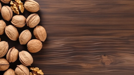 Walnuts kernels on dark desk with color background, Whole walnut in wooden table, flatlay, top view.の素材