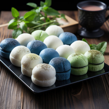 Traditional Japanese dessert mochi matcha, top viewの素材