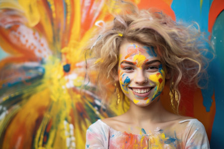 Portrait of funny girl with face painting on blurred backgroundの素材