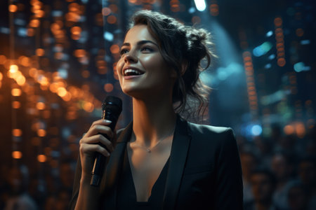 Stand up comedian woman on stage. Young man talks joke into microphone or sings songs.の素材