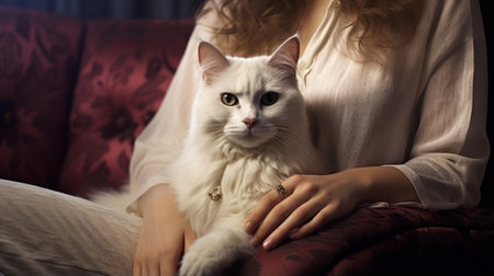 Portrait of young woman holding cute siberian cat with green eyes. Female hugging her cute long hair kitty. Background, copy space, close up. Adorable domestic pet concept.の素材