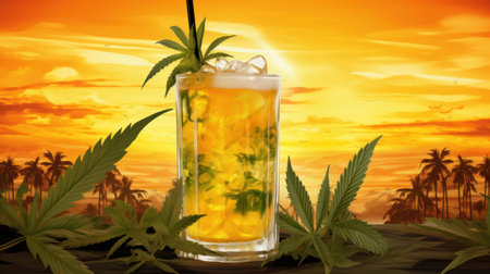 Ice cold Marijuana cannabis infused drink in crystal clear glass with weed leaves on sundown background.の素材