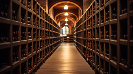 wine bottles in wooden rack in wine cellar.の素材