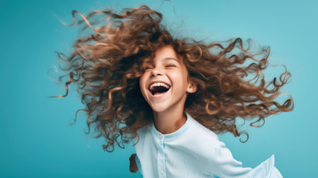 Young caucasian girl with blue eyes standing wearing elegant shirt over studio background, relax profile pose with natural face with confident smile.の素材