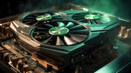 Large and powerful graphics card with big fans with bright neon light. Cyberpunk video concept chip for gaming and cryptocurrency mining. Dark keyの素材