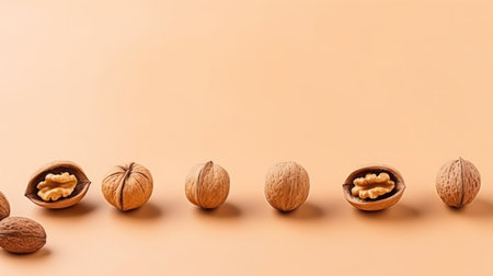 Walnuts kernels on dark desk with color background, Whole walnut in wood vintage bowl.の素材