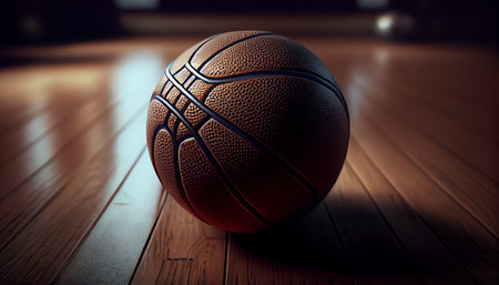 Basketball on hardwood court floor with natural lighting. Workout online conceptの素材