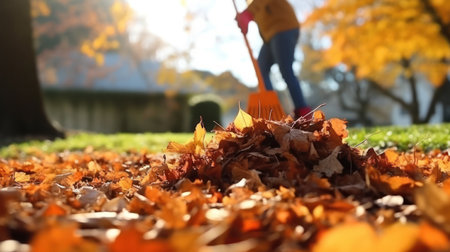 Collection of fallen leaves. Raking autumn leaves from the lawn on the lawn in the autumn park. Using a rake to clear fallen leaves. The concept of volunteering, seasonal gardening.の素材