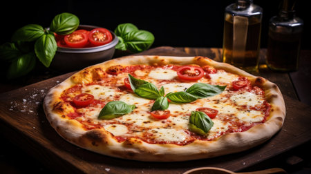 pizza with chesee and sausage on wooden table.の素材