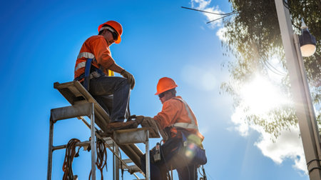 Electrician lineman repairman worker at climbing work on electric post power poleの素材