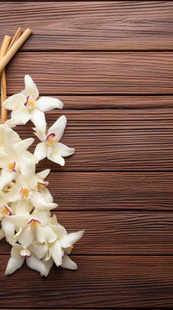 Flying vanilla sticks and orchid flowers on beige backgroundの素材
