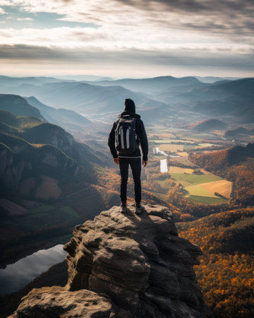 Hiker in mountain landscape enjoys sunrise.の素材