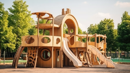 Colorful playground made of wooden empty outdoor playground set playground equipment. Garden...