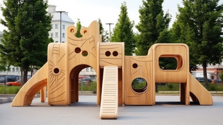 Colorful playground made of wooden empty outdoor playground set playground equipment. Garden equipment. Childrens slide. School yard. Playground in the park.の写真素材