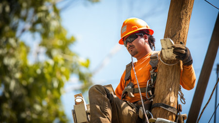 Electrician lineman repairman worker at climbing work on electric post power poleの素材