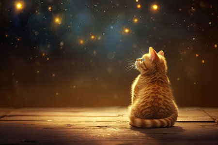 Red fluffy cat laying in autumn day. Adorable bokeh with red leaves. Cottagecore aesthetics concept. Copy space.の素材