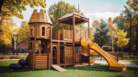 Colorful playground made of wooden empty outdoor playground set playground equipment. Garden...