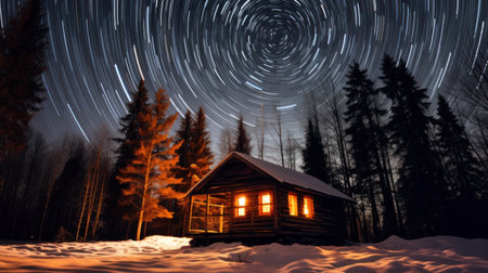 Stars above Winter landscape and small house. Mystical night. Forestsの素材