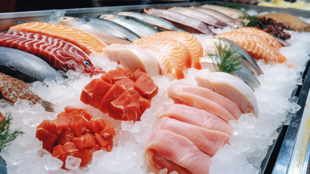Fresh chilled trout fish and trout fillet at seafood supermarket stall. Selective focusの素材