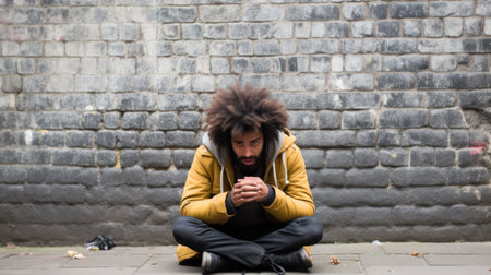 African man in depression with hands on forehead outdoors.の素材