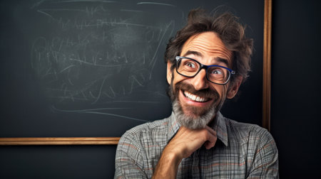 Portrait of young happy smiling teacher man standing near chalkboard backgroundの素材