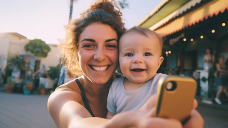 Pretty young mother and her cute daughter having fun and take selfies. Little girl surprised looking in phone and smile on the sunny city background. Stylish family, true emotion, good moon.の素材