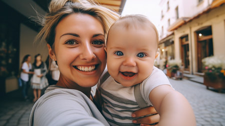 Pretty young mother and her cute daughter having fun and take selfies. Little girl surprised looking in phone and smile on the sunny city background. Stylish family, true emotion, good moon.の素材