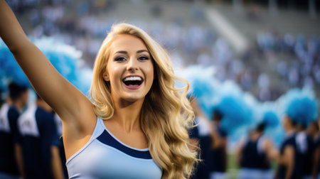 Group of cheerleaders in action with male coach - Concept of unity and team sport - Training at college high school with young female teenagersの素材